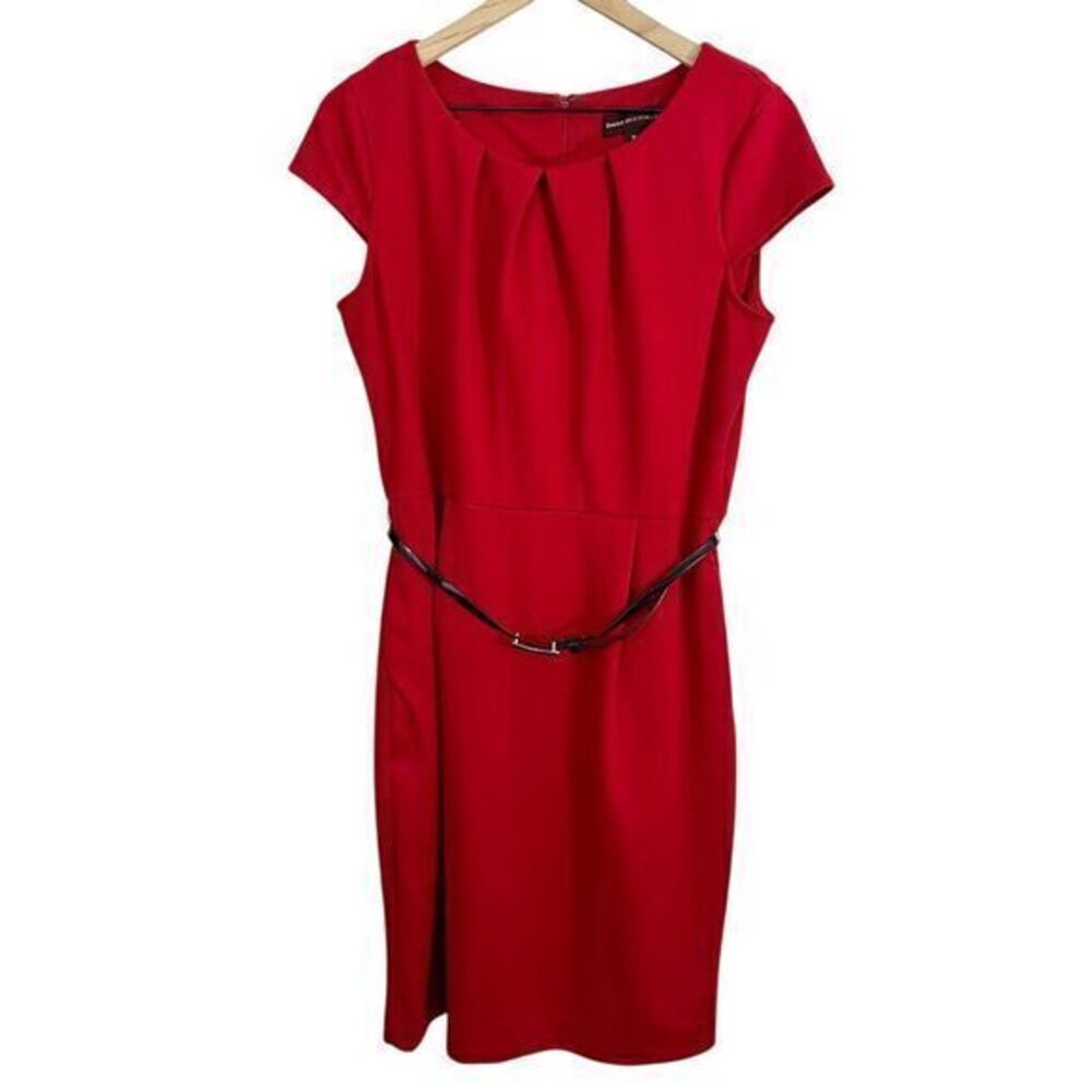 Dana Buchman Cap Sleeve Pleated Belted Sheath Above Knee Dress‎ Red Size 10